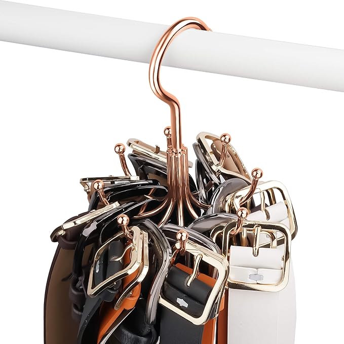 ZEDODIER Belt Hanger, 2 Pack Belt Rack Closet Accessories Organizer, Maximum 24 Storage Capacity, Hanging Holder Storage Hook for Belt, Bra, Tank Top, Tie, Scarf, Purse, Rose Gold