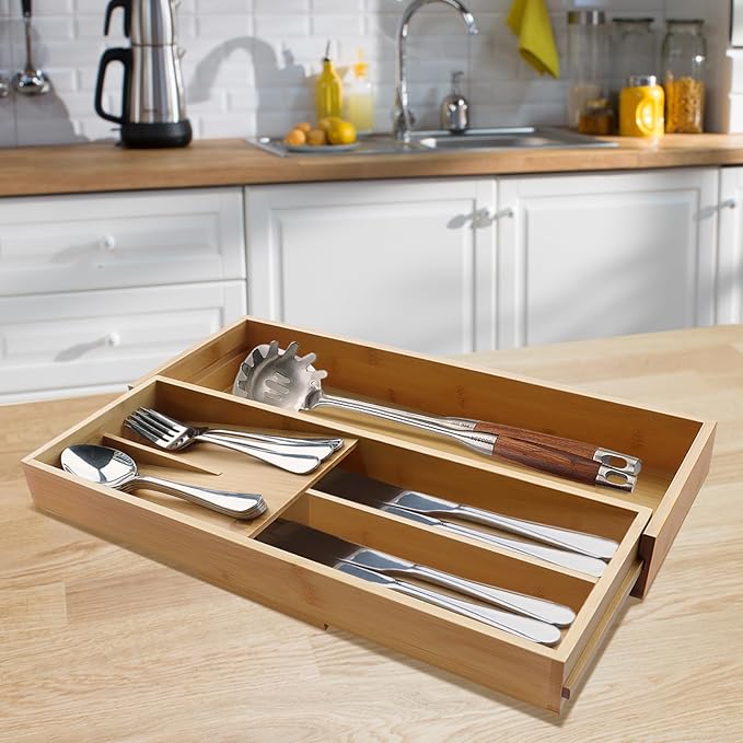 Expandable Bamboo Kitchen Drawer Organizer - Silverware Organizer - Utensil Holder and Cutlery Tray for Flatware Organizers and Kitchen Utensils