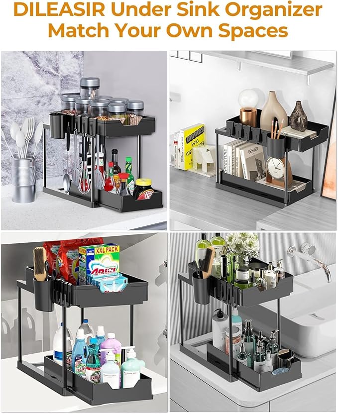 Under Sink Organizers and Storage Bathroom Organizer, 2 Tier Under Sliding Kicthen Cabinet Basket Organizer with Hooks, Hanging Cup, Dividers, Handles, Multi-purpose Under Sink Shelf Organizer