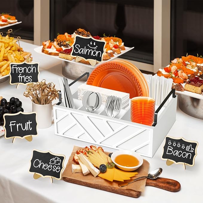 Paper Plate Dispenser with 10 Mini Chalkboard Signs, Wood Paper Plate Holders, Utensil Holder for Party Camping Buffet, Cutlery Flatware Organizer Box, Silverware Caddy for Plate Cup Fork Spoon(White)