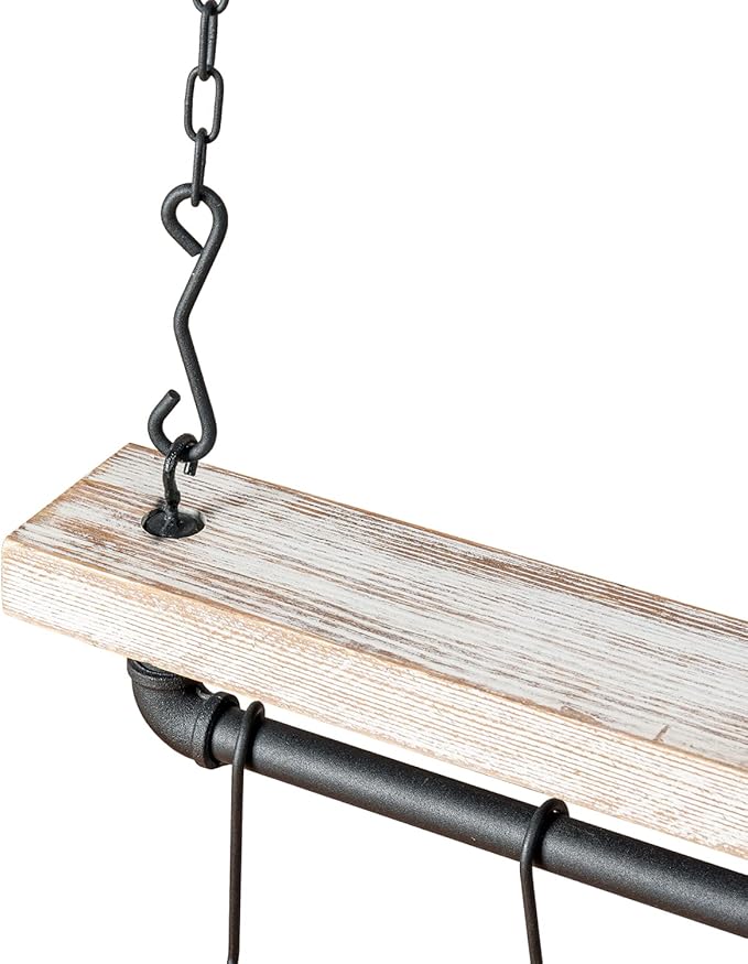 MyGift 30 Inch Ceiling or Wall Mounted Pot Rack with Shabby White Washed Solid Wood Shelf and Industrial Matte Black Metal Pipe, Hanging Cookware Utensils Organizer with 8 S-Hooks