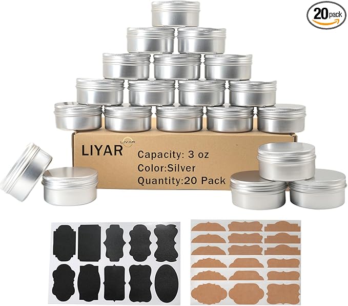 3 oz Tins Aluminum Can 20 Pack Salve Tins Metal Tin Jars, 3oz Tin with Lids Refillable Containers With Screw Top and Labels for Salve,Candle,Spices or Balms(Silver)