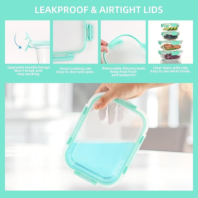 UMEIED 12 PACK Glass Food Storage Containers with Leak Proof Lids, Glass Airtight Meal Prep Containers Set for Lunch, On the Go, Leftover, Kitchen Pantry Organizers and Storage (Mint Green)