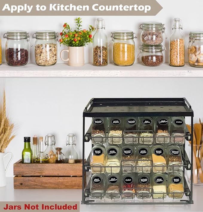 Artibear Desktop Pull Out Spice Rack Organizer for 54 Standard 4-Ounce Jars, 3-Tier Countertop Spice Holder for Kitchen, Matte Black (Jars Not Included)