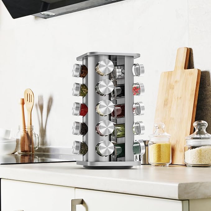 Rotating Spice Rack Organizer, Spice Tower for Countertop, Revolving Spice Rack Set for Cabinet, Silver Steel Kitchen Seasoning Organizer with 20 Jars and Funnel Square-round