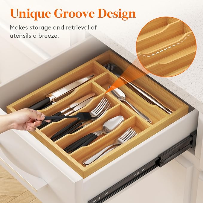 Lifewit Silverware Drawer Organizer Tray, Bamboo Cutlery Storage for Kitchen Drawer, 7 Compartment Flatware and Utensil Holder Divider for Spoons Forks Knives Tableware, Natural