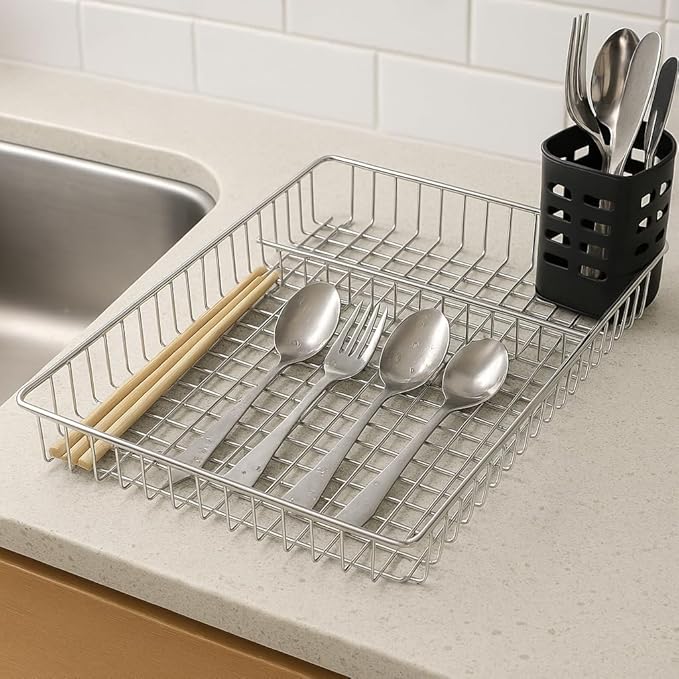 5-Compartment Chrome Wire Cutlery Tray β Durable Utensil & Drawer Organizer for Kitchen & Office Supplies