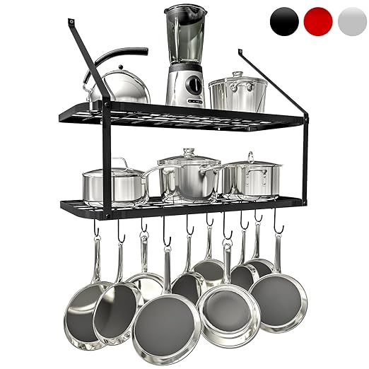 Vdomus Hanging Pot and Pan Organizer - Rustproof Wall Mounted Rack for Kitchen Storage - Durable, Thick Iron Material - 2-Tier Shelf with 10 Hooks for Utensils - Wall Mounted Black Pot Rack