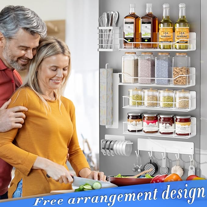 Magnetic Spice Rack for Refrigerator,8 Pack Magnetic Fridge Shelf, Moveable Spice Organizer with Hook Rack, Paper Towel Holder, Utensil Holder,cup lid holder, Super Magnetic Rack Set (White)