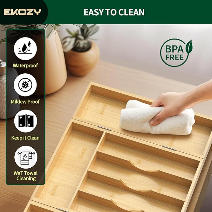 100% Bamboo Kitchen Drawer Organizer, 180° Flip Lid Feature Silverware Organizer for Cutlery Utensil, Cutlery Tray, 8 Slots with Dividers, Waterproof, Non-Slip, for Farmhouse to Modern Kitchen