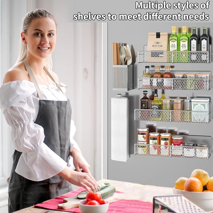 Magnetic Spice Rack for Refrigerator, 6 Pack Metal Magnetic Shelf Grey, Moveable Spice Organizer, Strong Magnetic Storage Fridge Organizer with Paper Towel Holder, Utensils Holder