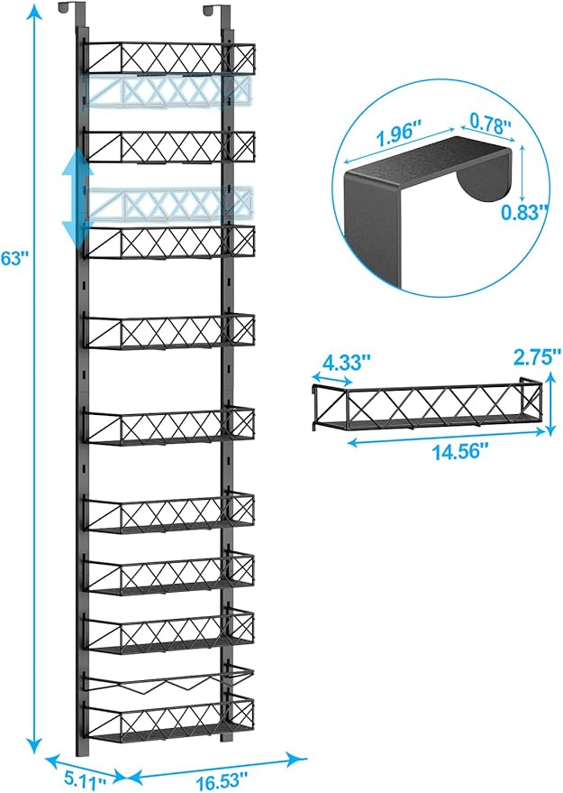 Over the Door Pantry Organizer, 9-Tier Pantry Door Organizer with Adjustable Basket, Metal Spice Rack Storage for Kitchen Pantry Black