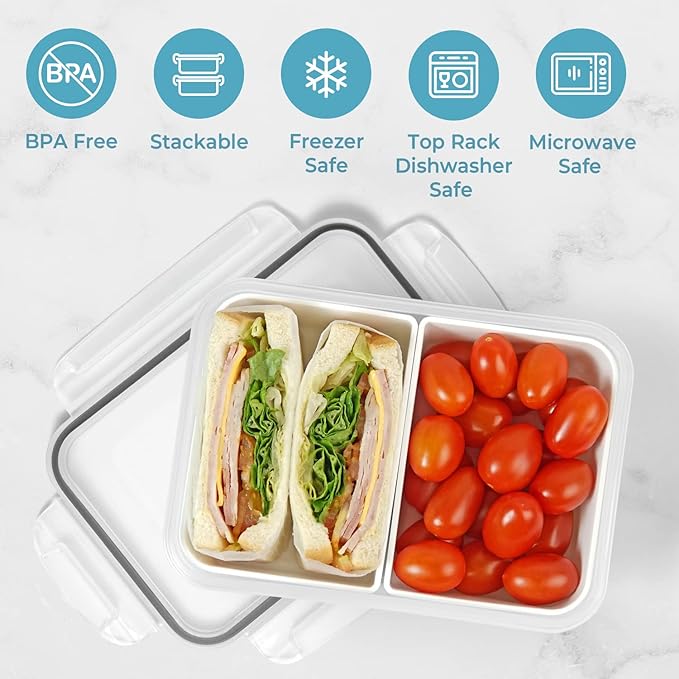 carrotez Food Storage Container with 2 Removable Compartments, Food Prep Container with Airtight Lids, Portion Control Container, Reusable, BPA Free, 6.3 Cup (1500ml)