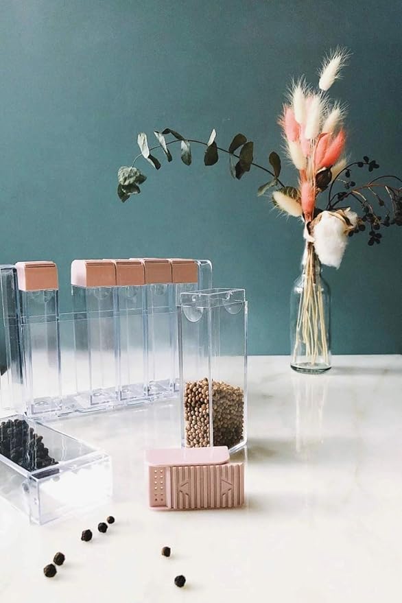 Glittering Bazaar Spice Shaker Jars Seasoning Box, Plastic Dispenser, Condiment Storage Container with Tray for Salt Sugar - Barbecue Box Racks -Transparent Grey Color, Set of 6