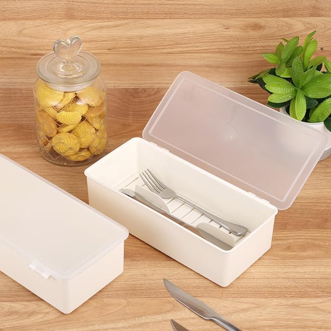 Rainmae 3Pcs Flatware Tray with Lid and Drainer, Large Plastic Silverware Utensil Kitchen Drawer Organizer Clear Cutlery Storage Container with Cover Dinnerware Spoon Knife Holder for Home and Travel