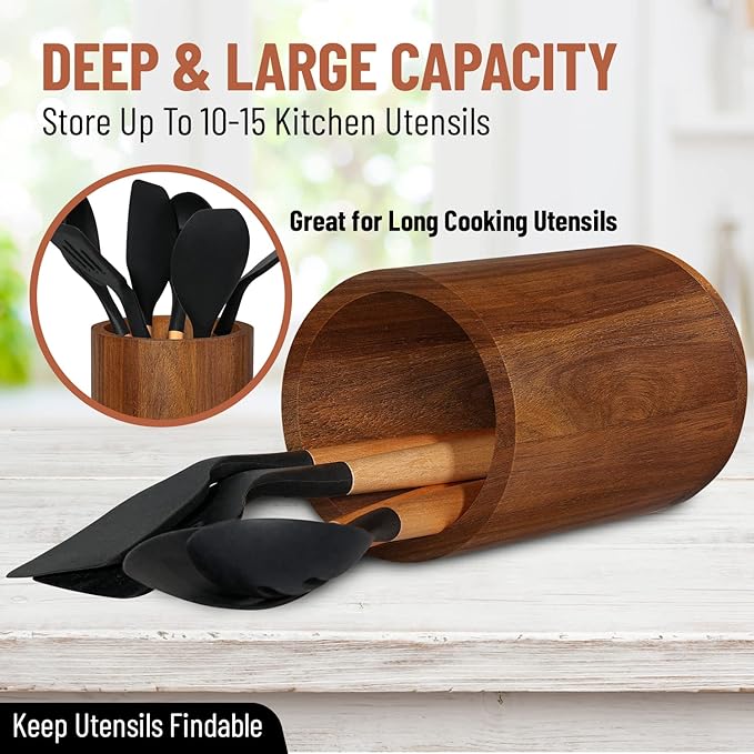 Homeries Acacia wood Utensil Holder for Kitchen Counter Decor, Cooking Utensil Holder Organizer - Kitchen Utensil Storage Organizer for Countertops, Pantry, Bathroom, Office & Center Table