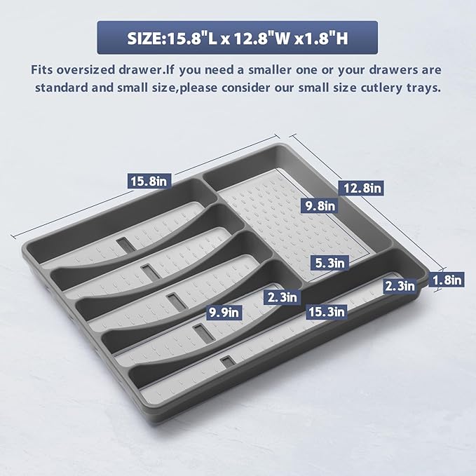 Silverware Organizer with Cutlery Icons,Silverware Tray for Kitchen Drawer,Plastic Flatware Tableware Cultery Drawer Organizer Utensil Organizer with Non-slip TPR Linings,6-Compartment