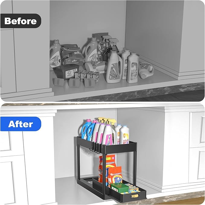 Under Sink Organizers and Storage Bathroom Organizer, 2 Tier Under Sliding Kicthen Cabinet Basket Organizer with Hooks, Hanging Cup, Dividers, Handles, Multi-purpose Under Sink Shelf Organizer