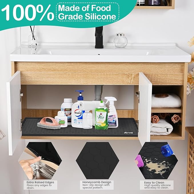 Waterproof Under Sink Mat 31" x 22", Silicone Cabinet Liner, Rubber Protector for Kitchen and Bathroom, Keeps Cabinets Clean, Dry, and Organized (Black)