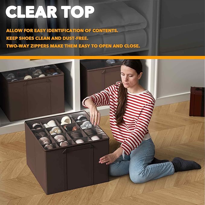 SpaceAid Shoe Organizer for Closet, 2 Pack Foldable Shoe Storage Containers Baskets Boxes Bins w/Adjustable Dividers, Fits 16-32 Pairs, Brown