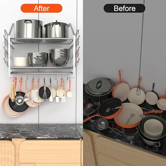35 Inch Pot Rack Wall Mounted, 2 Tier Pots and Pans Organizer with 20 Hooks and 6 Pot Lid Holders, Heavy Duty Steel Pot and Pan Hanger for Kitchen Cookware Utensils Storage, Silver