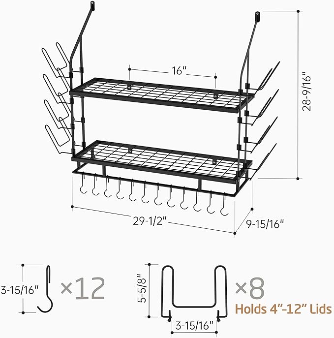 KES 30-Inch Pot Rack Wall Mounted with 8 Secure Lid Holders & 12 Sturdy Hooks, 2-Tier Kitchen Hanging Pot and Pan Organizer, Ample Storage for Tall Cookware, KUR215S75C-BK