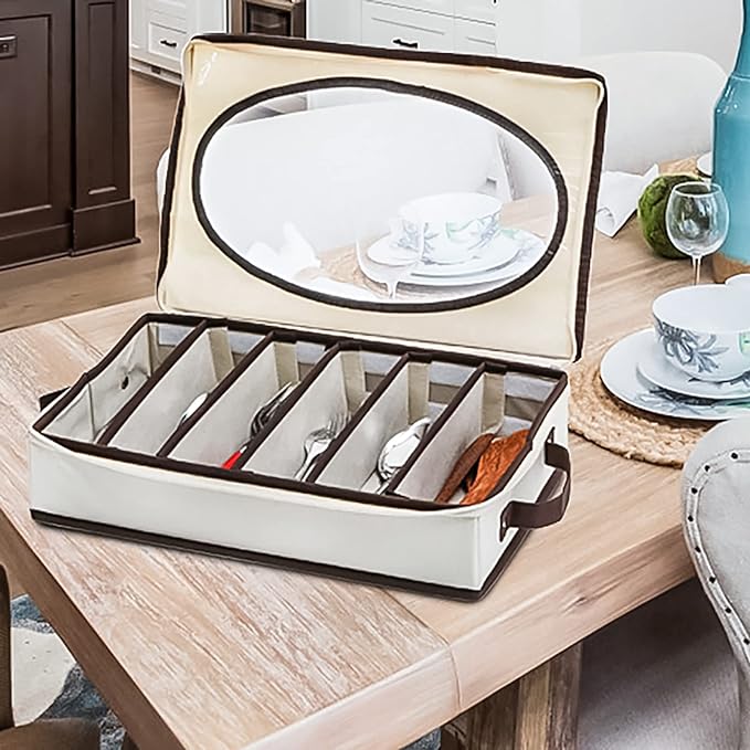 Hiceeden Silverware Organizer with Zipper Lid, 16.5"×10.6"×3.5" Flatware Storage Box with Adjustable Dividers and Handles, Portable Cutlery Holder Utensil Case for Spoon, Fork, Knife, 6 Compartment