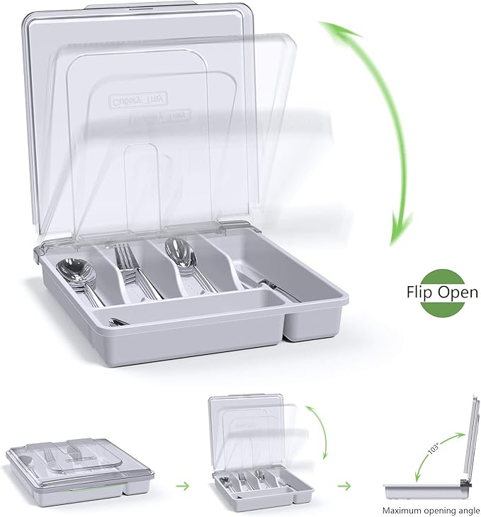 Utensil Holder for Countertop with Lid, Plastic Silverware Tray for Drawer, 5 Compartments Flatware Organizer, White