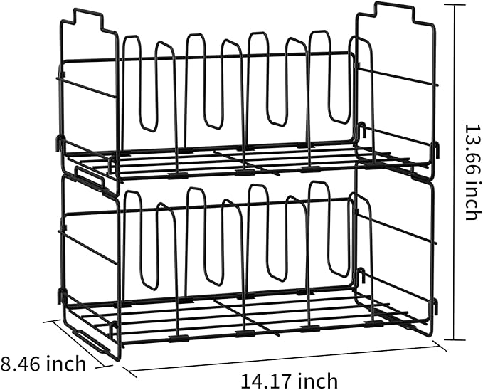 2 Tiers Stack Food Storage Container Lid Organizer 8 Dividers Storage Container Lid Holder Rack for Cabinets, Cupboards, Pantry Shelves, Drawers to Keep Kitchen Tidy, Black