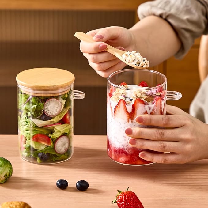 Set of 4 Airtight Glass Jars with Bamboo Lids and Spoons, 22 OZ Overnight Oats Containers with Lids,Glass Food Storage Jars Perfect for Coffee, Tea, Sugar, Spices, Beans, and More