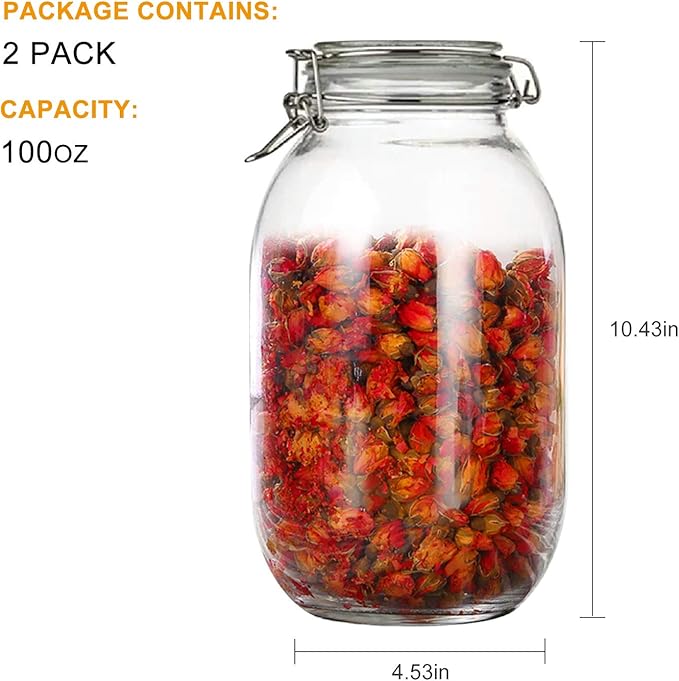 100oz/3000ml Glass Kitchen Storage Canister, Sealed Glass Jars with Lids, Airtight Glass Canister with Hinged Lid, Perfect for Kitchen Canning Cereal/Pasta/Sugar/Beans -Set of 2