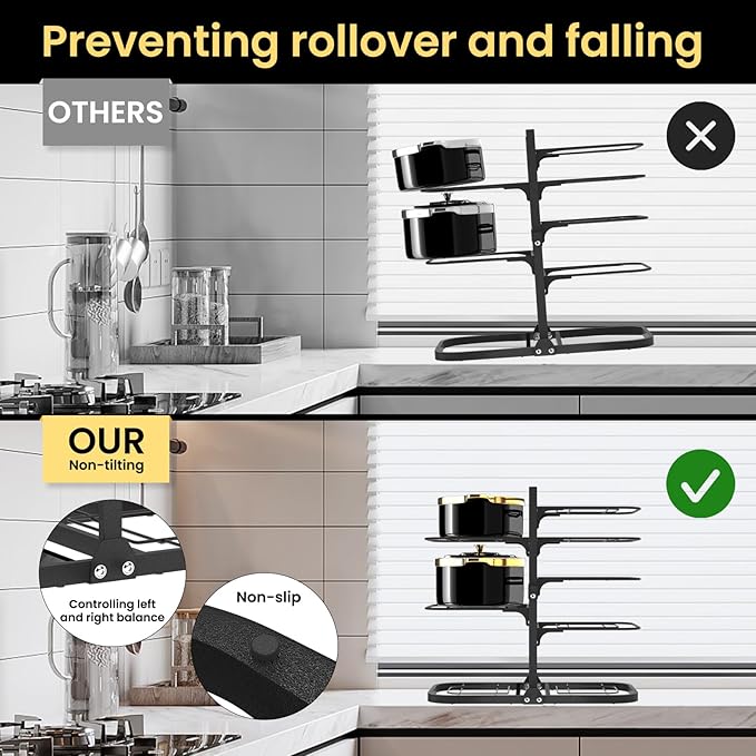Podxco Heavy Duty Pots and Pans Organizer Under Cabinet: 8-Tier Adjustable Pot and Pan Organizer, Space Saving Pan Organizers Inside Cabinet, 21" Kitchen Storage Pot Rack Organizer for Cast Iron Pan