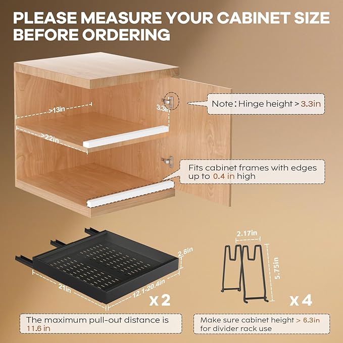 2 Pack Pull out Cabinet Organizer 21"Deep With Raising Pad for Framed Cabinets, Expandable Slide out Drawers for Kitchen Cabinets with 4pcs Divider Racks, Roll out Shelves 12.1"-20.4" W Black