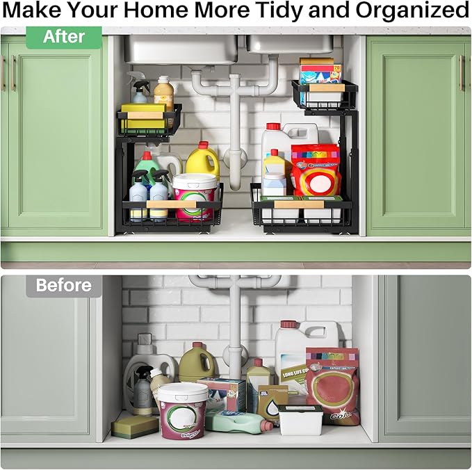 Pull Out Cabinet Organizer, 2 Tier Under Sink Organizer, Slide Out Metal Kitchen Cabinet Organizers Drawer Shelf, Sliding Storage Shelves for Kitchen Bathroom Pantry Cabinet Closet Organization Rack