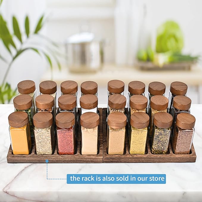 Yangbaga Glass Spice Jars with Labels: 24p 4oz Wide Mouth Square Bottle and 2 Rack w/Pepper Grinder&Funnel - Airtight Lid & Dishwasher Safe - Kitchen Pantry Daily Use - Gift for Newlyweds/Households