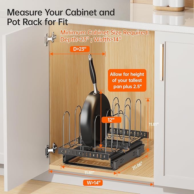 Pots and Pans Organizer for under Cabinet, Pull Out Pan Organizers inside Cabinet with Adjustable Dividers, Kitchen Cabinet Organizers and Storage for Cast-iron Pan, Cutting Board, Pot Lid