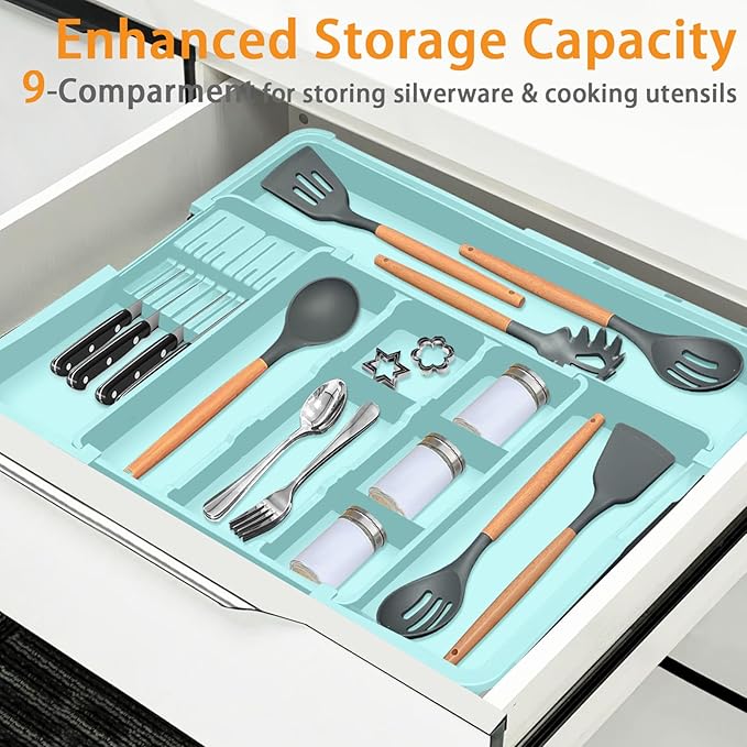 Utensil Drawer Organizer for Kitchen, Expandable Silverware Organizer Cooking Utensils Tray, Large Cutlery and Flatware Holder, Kitchen Tools & Gadgets Storage (Turquoise)