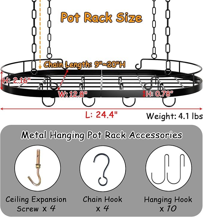 24.4” Metal Pot Rack Hanging, Oval Pan Rack Hanging with Hooks, Heavy Duty Ceiling Pot Rack with Grid, Pot and Pan Hangers for Kitchen Cookware Utensils Toiletries, Easy Assembly, Black