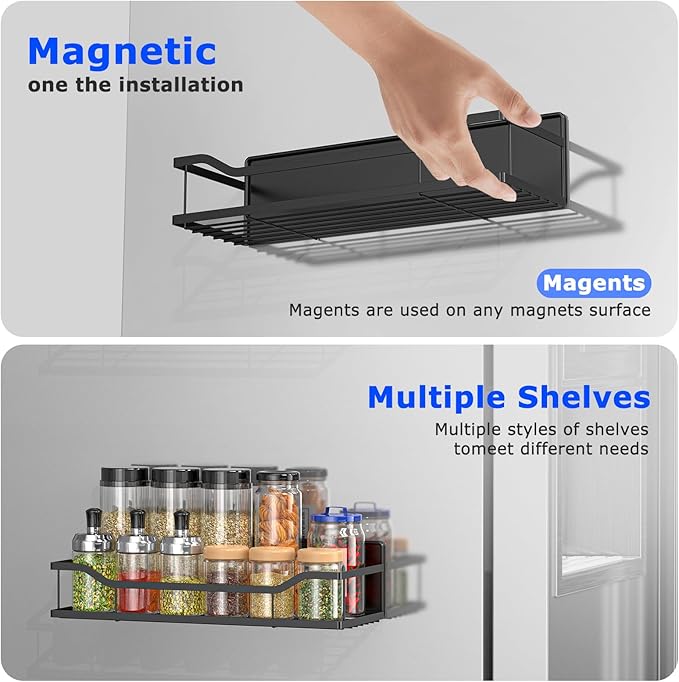 Magnetic Spice Rack for Refrigerator, 5 Pack Metal Strong Magnetic Shelf for Oven,Moveable Spice Organizer with Paper Towel Holder and Metal Hooks, Fridge Organizers and Kitchen Storage (Black)