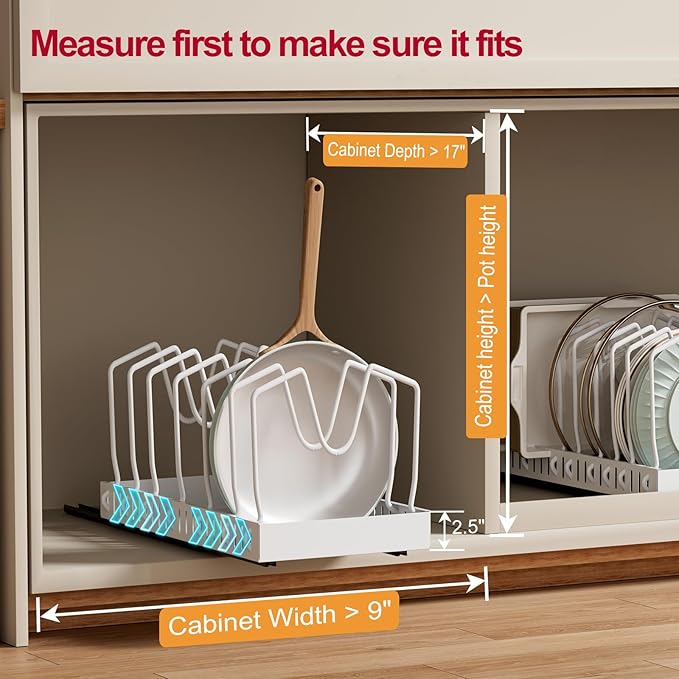 GoMaihe Pots and Pans Organizer Under Cabinet 1 Pack - For Kitchen Pot Lid Bakeware Dishes Pots and Pans Storage - Pull-out Kitchen Cabinet Organizer Rack with Slide Rails Black
