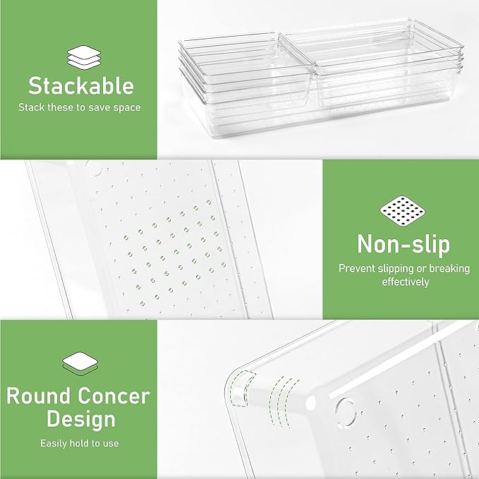 6 PCS Clear Plastic Drawer Organizer, Large 15" X 6" 3-Size Acrylic Stackable Kitchen Drawer Storage Tray, Bathroom Drawer Organizer Trays, Storage bins for Cosmetics Bathroom Kitchen Office