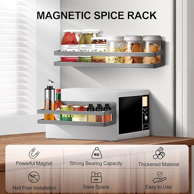 Uten Large Spice Rack for Refrigerator, 2 Pack Strong Magnetic Shelves, Moveable Fridge Organizer for Kitchen Holding Spices, Jars