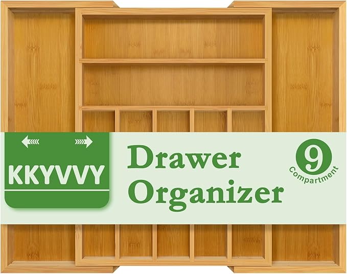 Silverware Organizer with 9 Slots - Bamboo Utensil Drawer Organizer for Kitchen - Expandable Flatware Drawer Organizer Tray for Kitchen Utensils, Cutlery and Tools