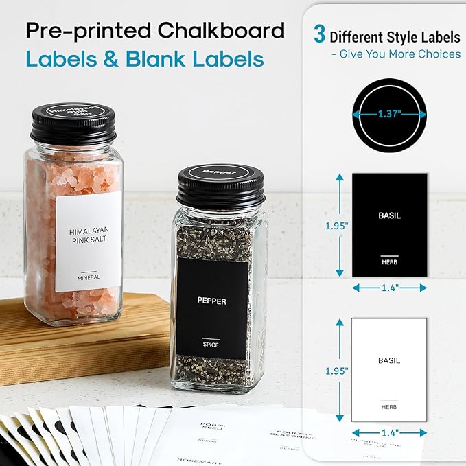 AOZITA 14 Pcs Glass Spice Jars with Black lids - 4oz Empty Square Spice Bottles and Spice Labels - Black Shaker Lids and Airtight Metal Caps - Silicone Collapsible Funnel Included