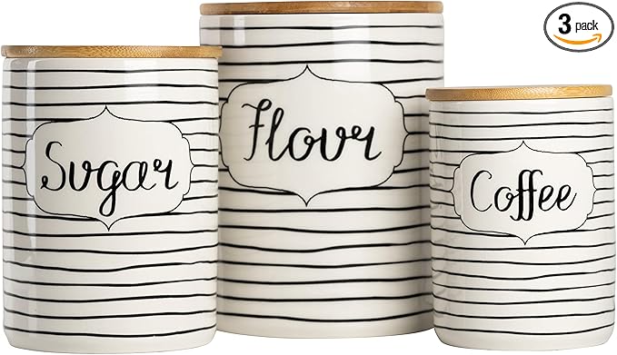 10 Strawberry Street Coffee, Sugar, Flour Kitchen Canister, 3 Piece Set, Everyday Black/White