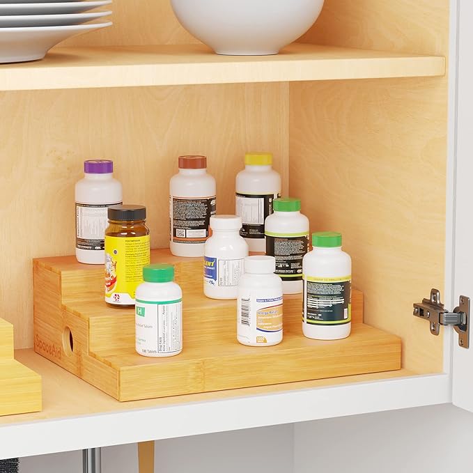 SpaceAid Bamboo Spice Rack Organizer for Cabinet, Kitchen Pantry Spices Storage Rack for Cabinets Organization, Home Seasoning Tiered Can Goods Racks Wood Shelf Organizers (3 Tier, Natural)