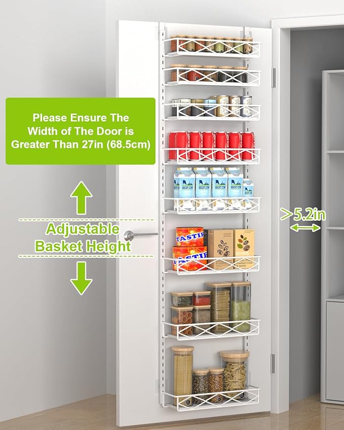 Over The Door Pantry Organizer, 8-Tier Wood & Metal Over The Door Organizer with Adjustable Basket, Hanging Spice Rack, Door Organization and Storage for Kitchen Pantry Door Cabinet, White