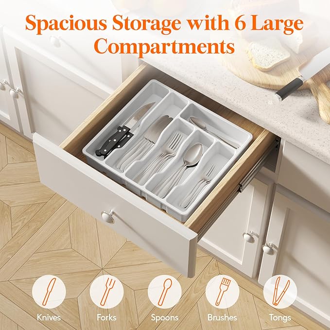 Lifewit Silverware Drawer Organizer Tray, Plastic Cutlery Storage for Kitchen Drawer, Flatware and Utensil Holder Divider for Spoons Forks Knives Tableware, 6 Compartment, White