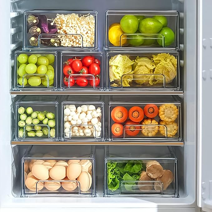 MANO 2 Pack Stackable Refrigerator Drawers Pull Out Bins Clear Fridge Drawer Organizer Food Storage Containers Plastic Veggie Fruit Produce Saver for Pantry Kitchen Freezer(M)