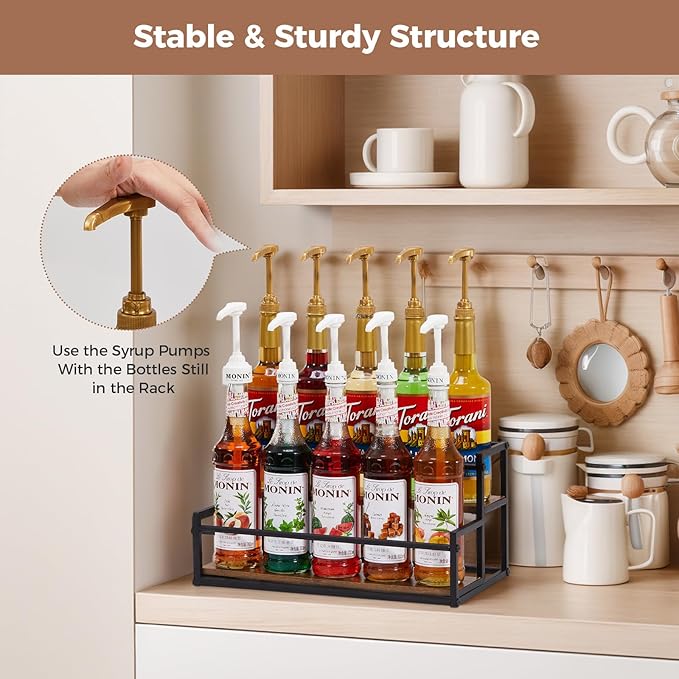 Coffee Syrup Organizer, 2-Tier 10 Syrup Bottles Rack for Coffee Bar, Liquor Bottle Display Shelf Holder Bar Shelf Stand Countertop Rack for Syrup, Wine, Spice